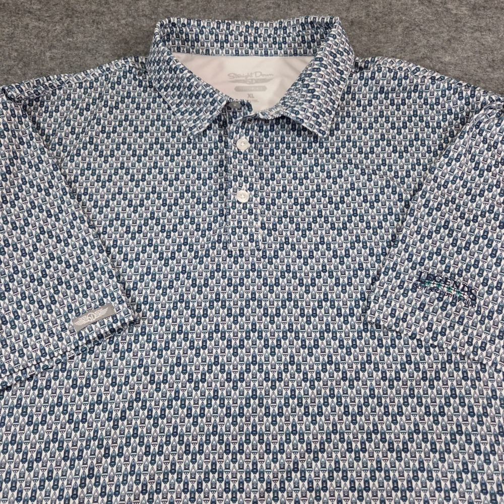 Straight Down Mens XL Performance Polo Shirt Blue White Speedboat Print Golf - Picture 1 of 10